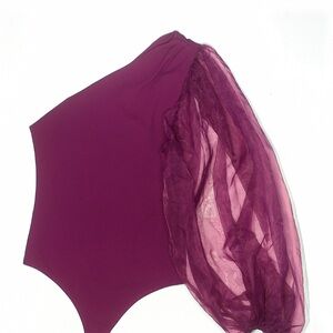 NWT Express Fuchsia One-Shoulder Bodysuit with Sheer Puff Sleeve